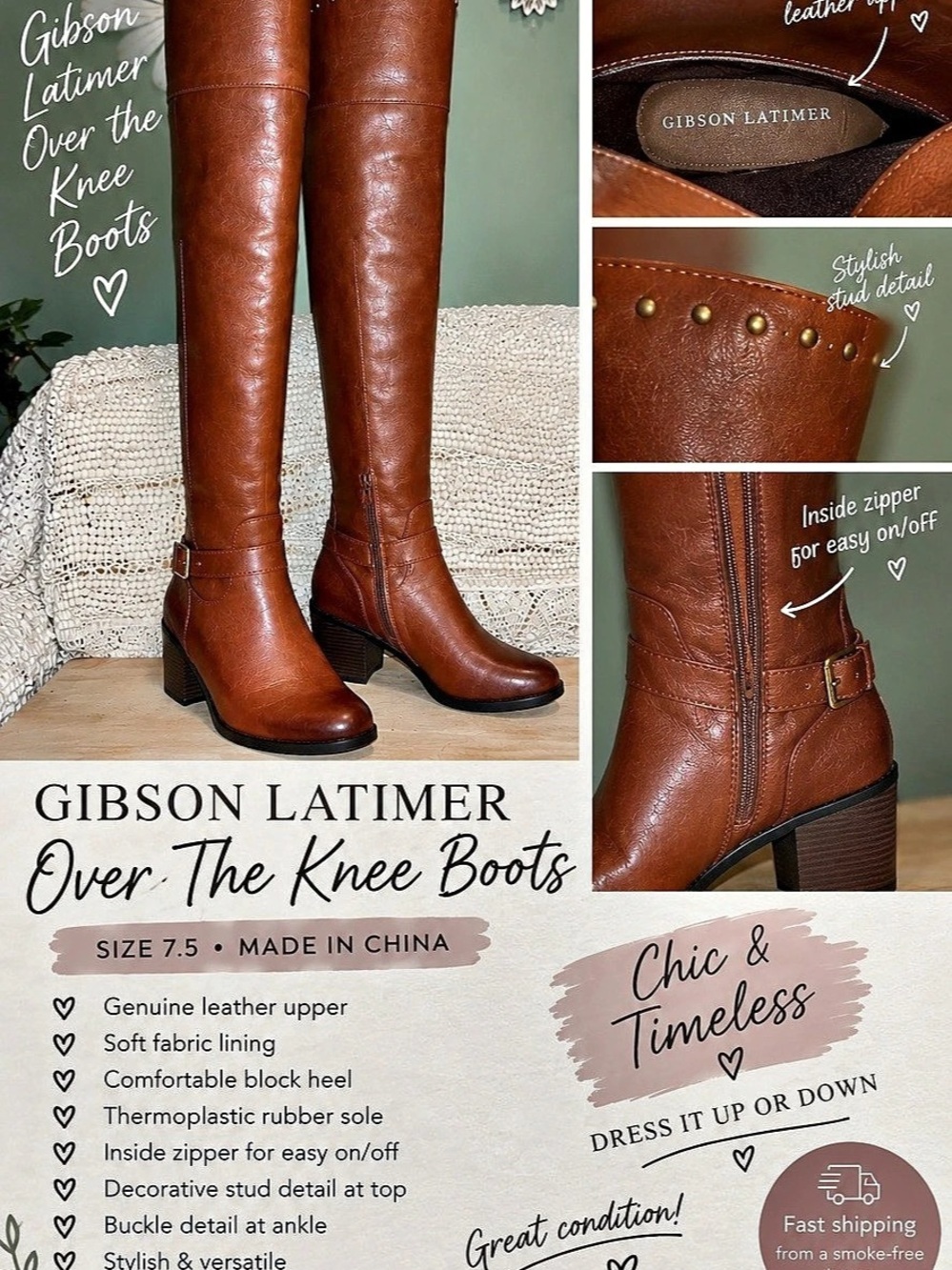Gibson Latimer Over The Knee Boots Brown Leather Heeled Boots US 7.5